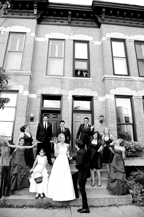 hilarious group portrait - wedding party - urban location - photo by Chicago wedding photographers YazyJo